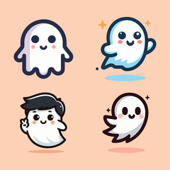 Four adorable cartoon ghosts with cute faces and playful poses on a soft peach background