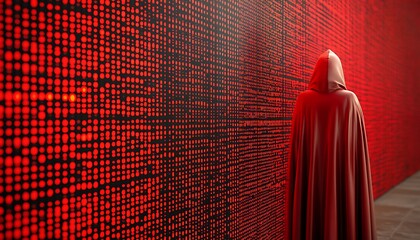 Red Code Wall with Hooded Figure.