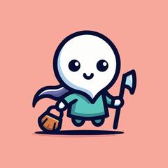 Adorable cartoon ghost warrior character holding broom and axe with a flowing cape