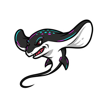 Cartoon illustration of a menacing stingray with sharp teeth, ready to attack.