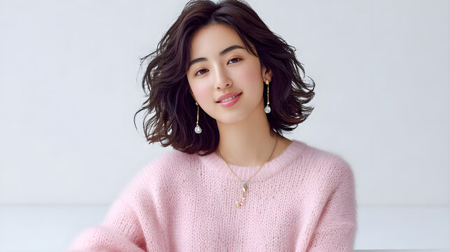 Asian woman with wavy hair, wearing a cozy pink sweater, smiles warmly while sitting against a soft, neutral background, radiating a sense of comfort and approachability