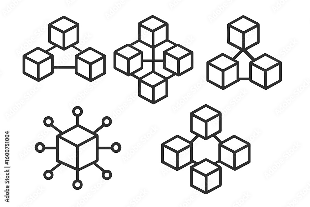 Poster different configurations of geometric cubes representing network structures in minimalistic design