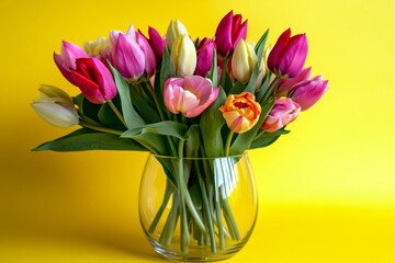 Fototapeta premium Colorful tulips in various shades fill a clear glass vase. The lively arrangement stands out against a bright yellow backdrop, creating a joyful and fresh atmosphere