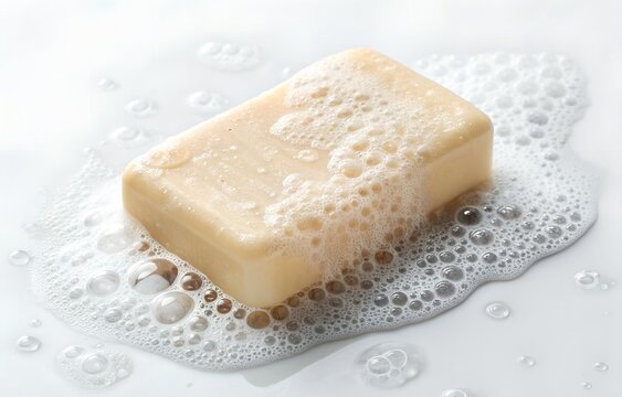 A bar of soap with bubbles and foam, placed on a white background with natural shadows. Soap, sabun, bathroom accessories.