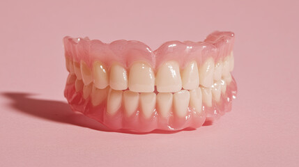 Obraz premium Elegant presentation of ceramic veneers and zircon dentures on pink surface, ideal for dental clinics and aesthetic dentistry marketing.