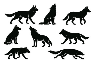 Obraz premium Various silhouettes of wolves illustrating different poses and movements during a night-time wilderness setting