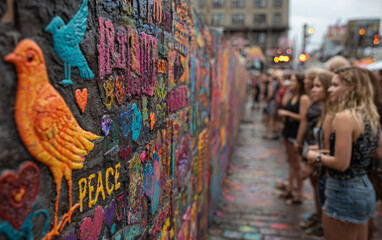 Artistic close-up of a "Peace Paintings" canvas at Augsburg Friedensfest, vibrant colors and symbolic imagery like doves, olive branches, joined hands, viewers observing in admiration.