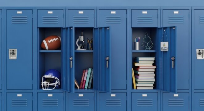 Rows of blue metal school lockers with some doors open - Powered by Adobe