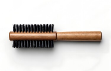 Naklejka premium A wooden-handled hairbrush with black bristles, placed diagonally on a pure white background. Hair comb.