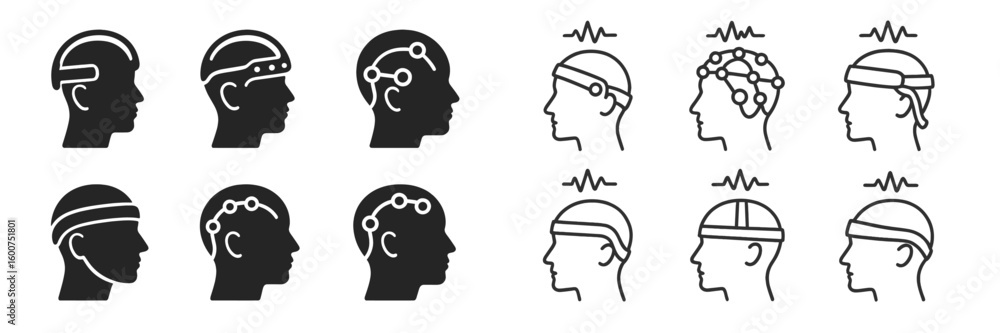 Poster various styles of brainwave monitoring devices showcased in a minimalist design emphasizing technolo