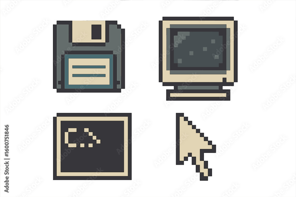 Fototapete vintage computer graphics featuring floppy disk, monitor, cursor, and command prompt symbols in retr