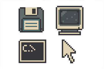Fototapeta na wymiar Vintage computer graphics featuring floppy disk, monitor, cursor, and command prompt symbols in retro style