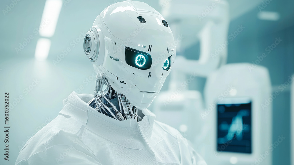 Poster glowing-eyed robot in lab. a humanoid robot with glowing eyes stands in a modern laboratory, surroun