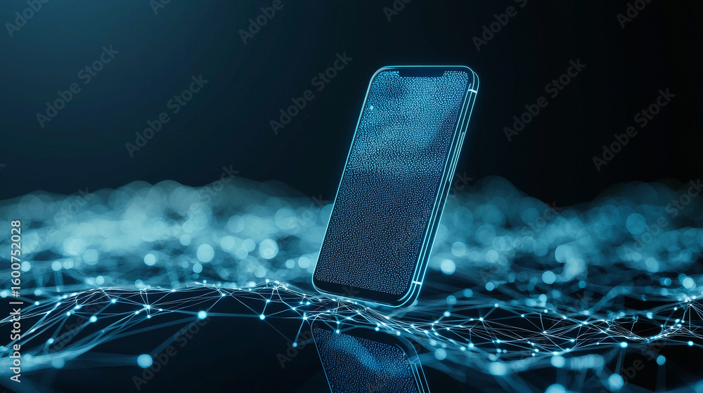 Aufkleber smartphone as digital tech. a glowing smartphone shows a network of data points in the dark, highlig