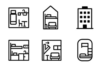 Icons representing different types of living spaces including apartments, houses, and dorms designed in a minimalist style