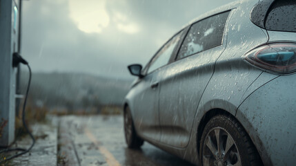 Car parked next to an abandoned electric vehicle charging station in rainfall