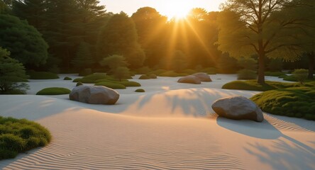 Tranquil zen garden with sunlight through trees