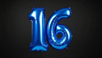 Banner with number 16 blue balloon on black backdrop. Birthday anniversary celebration.