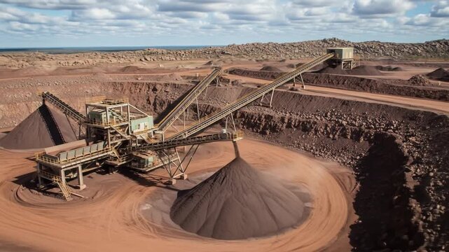 Aerial Perspective Captivating Iron Ore Mining Site Operation with Heavy Machinery and Rich Earth