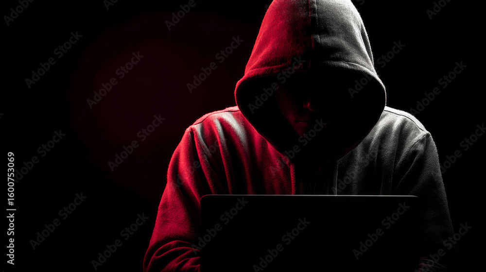 Poster dark figure using laptop in low light. a hooded figure sits in front of a laptop, surrounded by dark