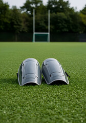 Gray protective shin guards resting on a green artificial turf field with a sports goal in the background. Athlete gear resting on the playing surface for a football/rugby game.