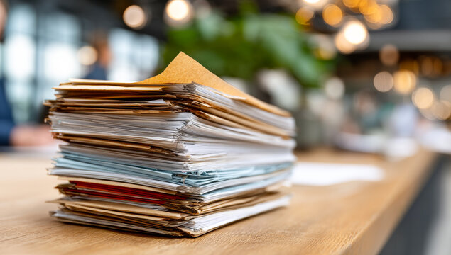 Papers on a modern desk. A tall stack of assorted papers rests on a wooden desk in a bright, modern office space with soft lighting.