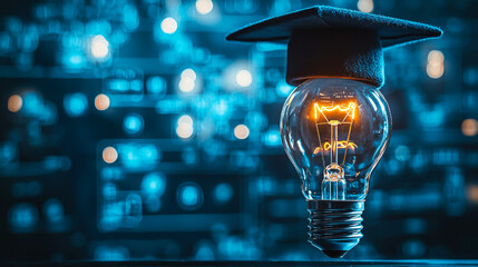 Graduation cap on light bulb. A glowing light bulb atop a graduation cap, with radiant data patterns symbolizing knowledge and innovation.