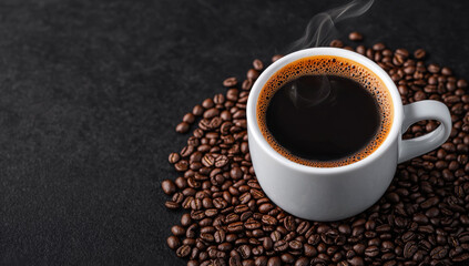 Fototapeta premium Hot coffee on roasted coffee beans. A steaming cup of dark coffee placed on a bed of roasted coffee beans, showcasing rich flavors and aromas.