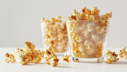 Homemade Golden Sweet Corn On White Table: A Pair Of Caramel Popcorn Glasses Served And Ready To Enjoy. Delicious Snack!
