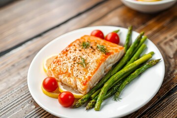 Fried salmon steak with cooked green asparagus, cherry tomatoes and lemon slices served on white plate on wooden table