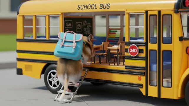 Adorable Hamster with Backpack Entering Miniature Yellow School Bus