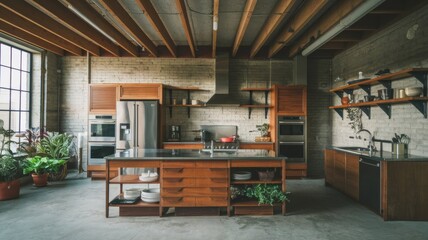 Home kitchen repurposed from a warehouse, featuring furniture and kitchenware.