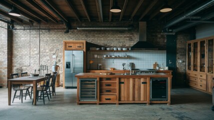 Industrial style kitchen converted from a warehouse, featuring furniture and kitchenware.
