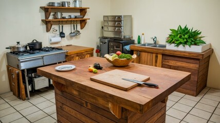 Kitchen set stylized as twentieth century furniture, made of wood.