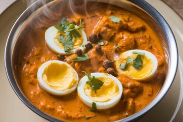 Plate with egg curry, traditional Indian dish.