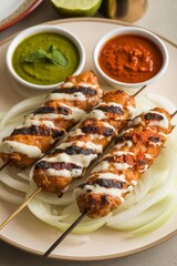 Close-up of delicious malai tikka kebab, tender chicken pieces marinated in creamy spices, perfectly grilled.
