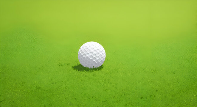 Golf ball resting on vibrant green grass. Simple, flat style golf course scene for use in advertising or editorial golf content.