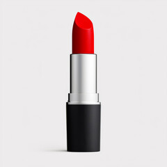 Fototapeta premium Bright red lipstick in elegant design. A bold red lipstick stands upright, showcasing its vibrant color and sleek packaging, perfect for makeup enthusiasts.