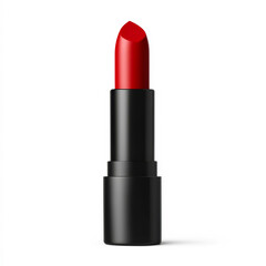 Obraz premium Bold red lipstick in a sleek tube. Red lipstick displayed in a modern black tube, perfect for enhancing makeup looks and adding flair to beauty routines.