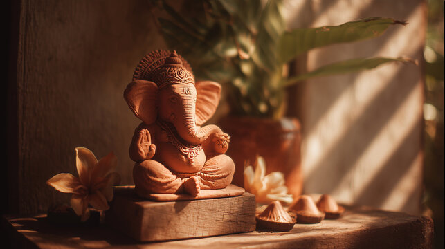 handmade eco-friendly clay ganesha idol on wooden table with sunlight — perfect for use in content related to ganesh chaturthi festival, hindu festivals, spirituality, or traditional indian culture