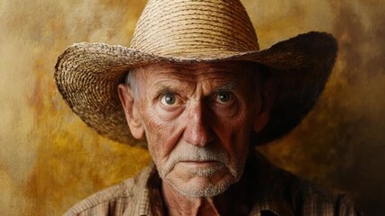 An old man with a sharp gaze wearing a straw hat, against a rustic textured background - Powered by Adobe