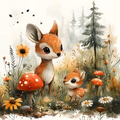 A whimsical watercolor illustration of two cute deer, mother and fawn, in a forest setting with mushrooms and wildflowers.