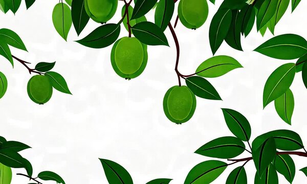 Green fruits and lush leaves on a tree illustration
