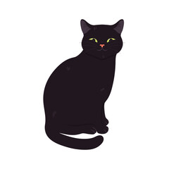 Cute cartoon black cat is sitting and smiling. Cute feline. Vector illustration