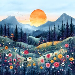 A whimsical watercolor illustration of a vibrant mountain landscape with a large setting sun, dense pine forests, and a field of colorful wildflowers.