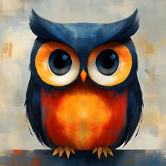 A cute owl illustration in a flat design style with watercolor textures, featuring a blue head, orange body, and large, expressive eyes.