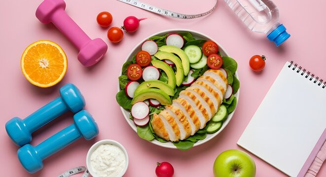 Foto de aptitud y concepto activo de estilos de vida saludables. Un plato de ensalada de pechuga de pollo