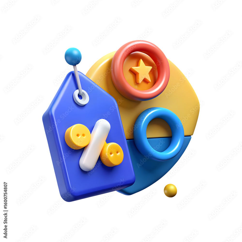 Aufkleber 3d rendering of a blue discount tag with percentage symbol and colorful abstract shapes isolated on 