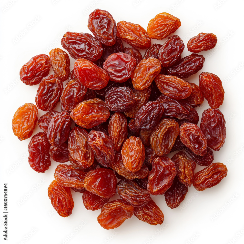 Poster dried grapes arranged on a white surface. a collection of assorted dried grapes shows rich colors an