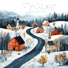 A whimsical watercolor illustration of a winter village scene with snow-covered hills, colorful houses, bare trees, and a winding road.
